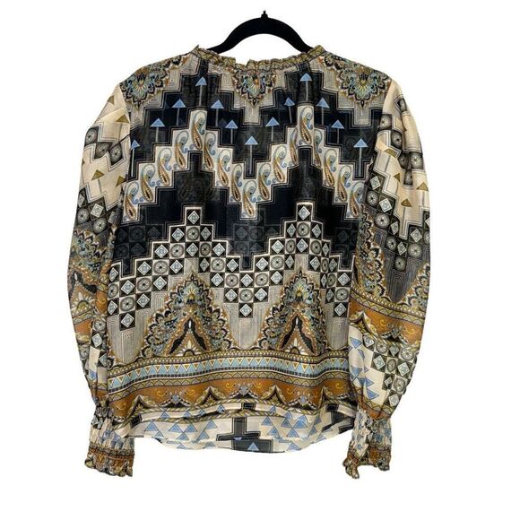 NWT Misa Los Angeles Geometric Print Sheer Peasant Siena Blouse Blue Tan Medium - Picture 4 of 8